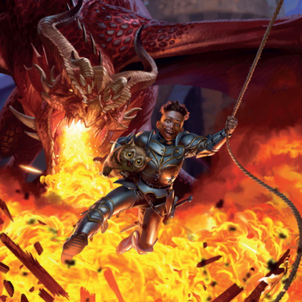 Dungeons & Dragons Artwork mit Ritter, rotem Drachen und Flammen im Hintergrund – episches Fantasy-Abenteuer gesucht