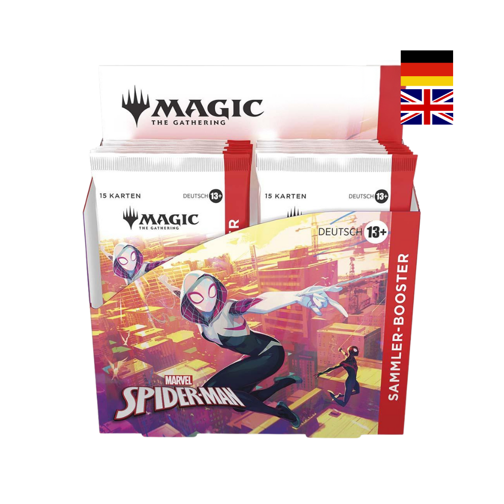 Magic the Gathering Spider-Man Sammler-Booster Display auf Deutsch mit Gwen Stacy Artwork und 15 Karten pro Packung