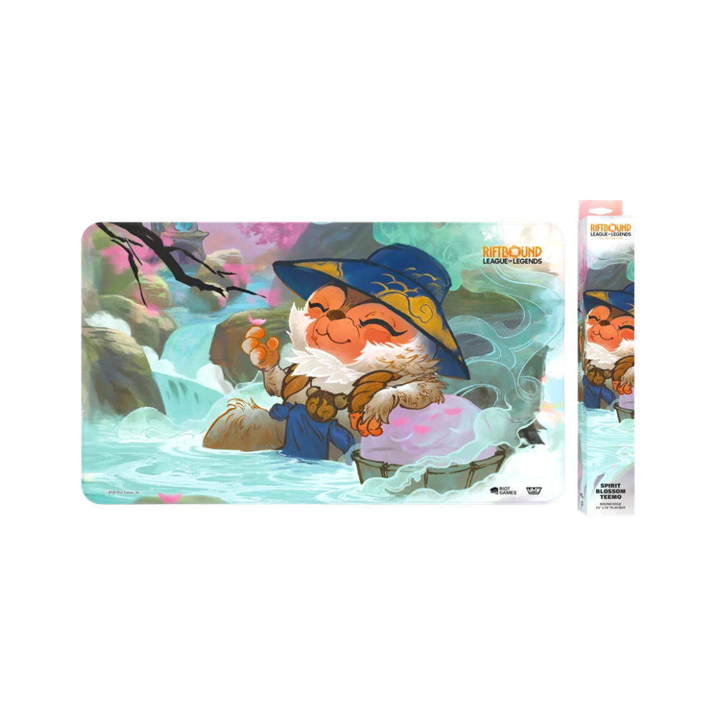 Riftbound League of Legends Playmat Spirit Blossom Teemo mit verspielter Illustration, Wasserlandschaft und Riot Games Branding