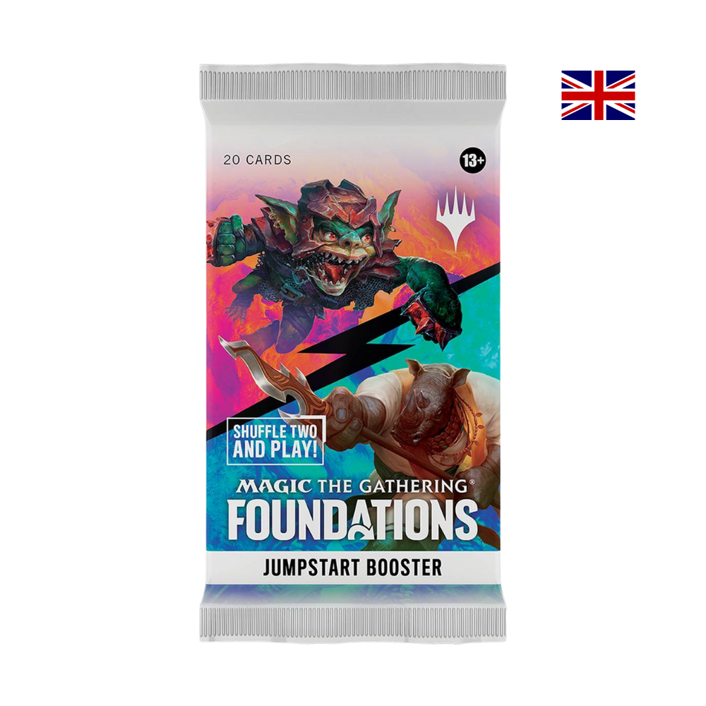 Magic The Gathering Foundations Jumpstart Booster Englisch mit 20 Karten, ideal für Einsteiger – direkt losspielen durch „Shuffle Two and Play“-Prinzip.