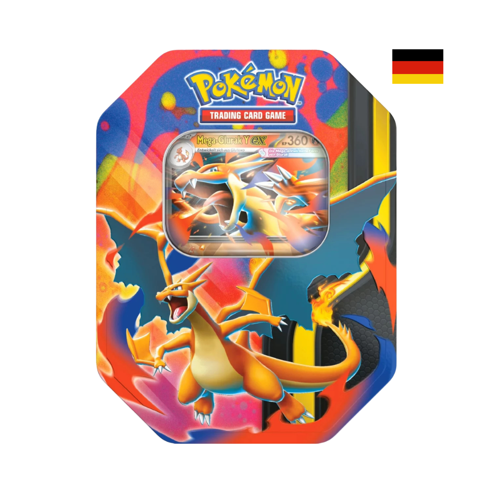 Pokémon Tin mit Mega-Glurak Y EX Karte und Glurak-Motiv, deutsche Version des Pokémon Trading Card Game