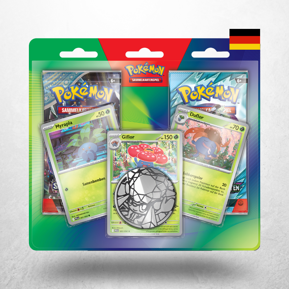 Pokémon Enhanced 2-Pack Blister Giflor in deutscher Sprache mit Giflor-, Myrapla- und Duflor-Promokarten sowie Münze.