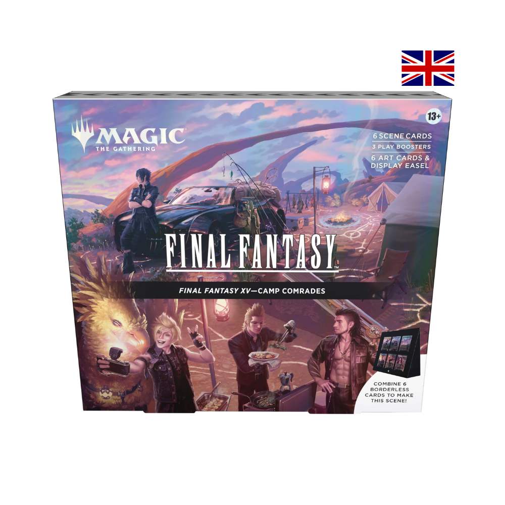 Magic: The Gathering Final Fantasy Scene Box Camp Comrades mit 6 Szene-Karten und 3 Play-Boostern. Verpackung zeigt die Final Fantasy XV Camping-Szene mit Chocobo und Hauptcharakteren.