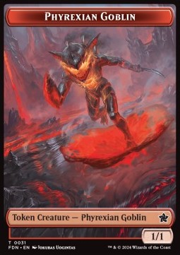 Phyrexian Goblin Token (R 1/1) // Cat Token (W 1/1 Lifelink)