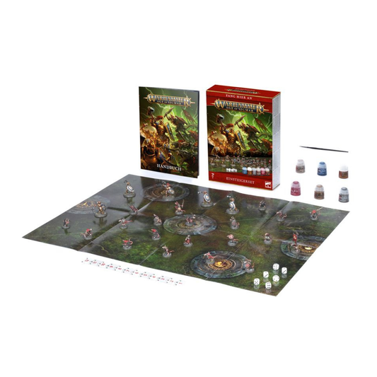 Warhammer Age of Sigmar Einsteigerset Inhalt Miniaturen Spielmatte Farben Würfel Pinsel Zubehör
