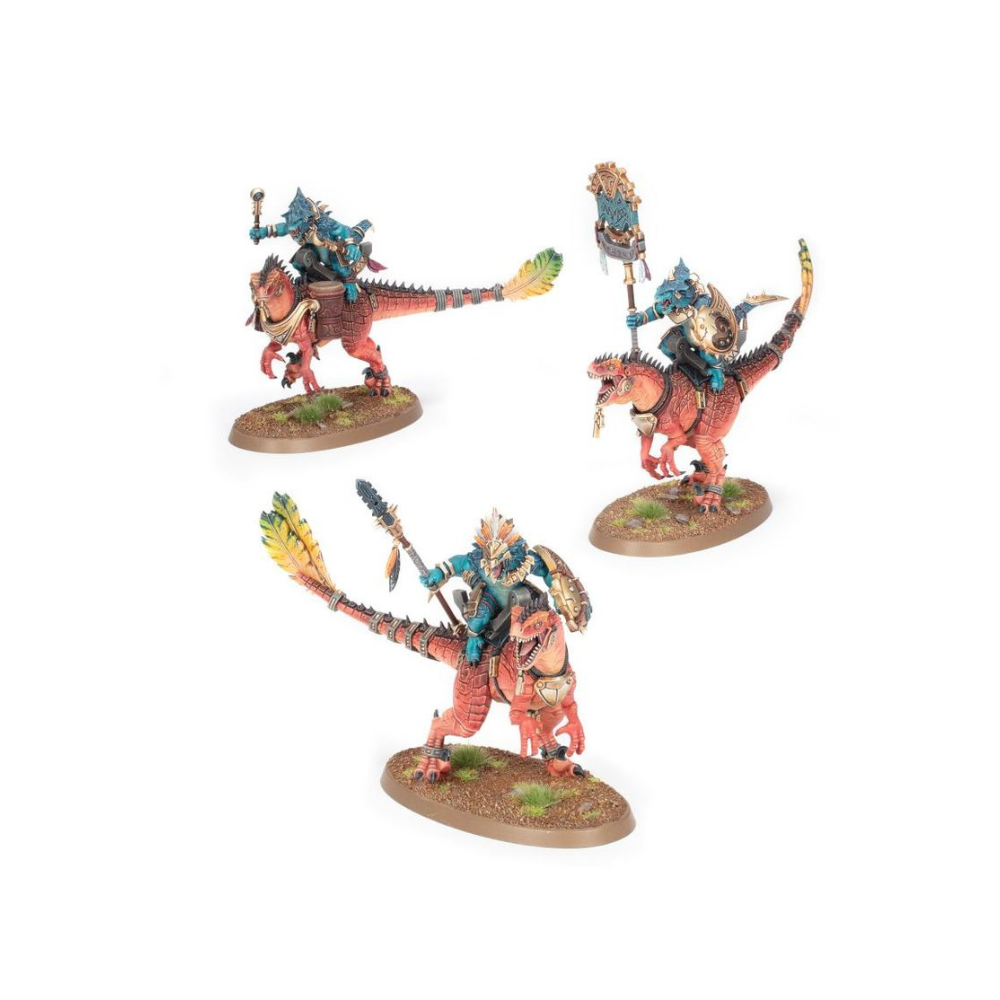 Warhammer Age of Sigmar Aggradon Lancers Seraphon Miniaturen Set mit 3 Reitern auf Echsen, bemalte Modelle und Boxart