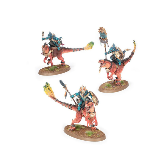 Warhammer Age of Sigmar Aggradon Lancers Seraphon Miniaturen Set mit 3 Reitern auf Echsen, bemalte Modelle und Boxart