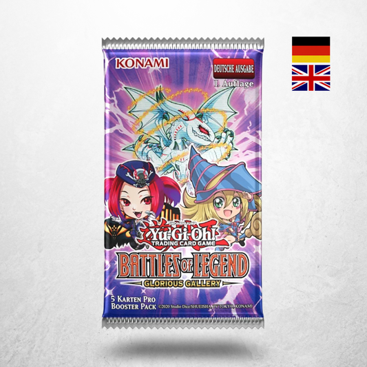 Yu-Gi-Oh! Battles of Legend: Glorious Gallery Booster auf deutsch oder englisch, 1. Auflage mit lila Boosterdesign.