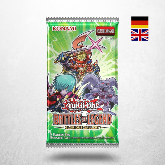 Yu-Gi-Oh! Battles of Legend: Glorious Gallery Booster auf deutsch oder englisch, 1. Auflage mit grünem Boosterdesign.