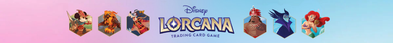 Disney Lorcana Banner mit beliebten Charakteren wie Micky Maus, Moana, Arielle und Malefiz – jetzt Sammelkarten entdecken.