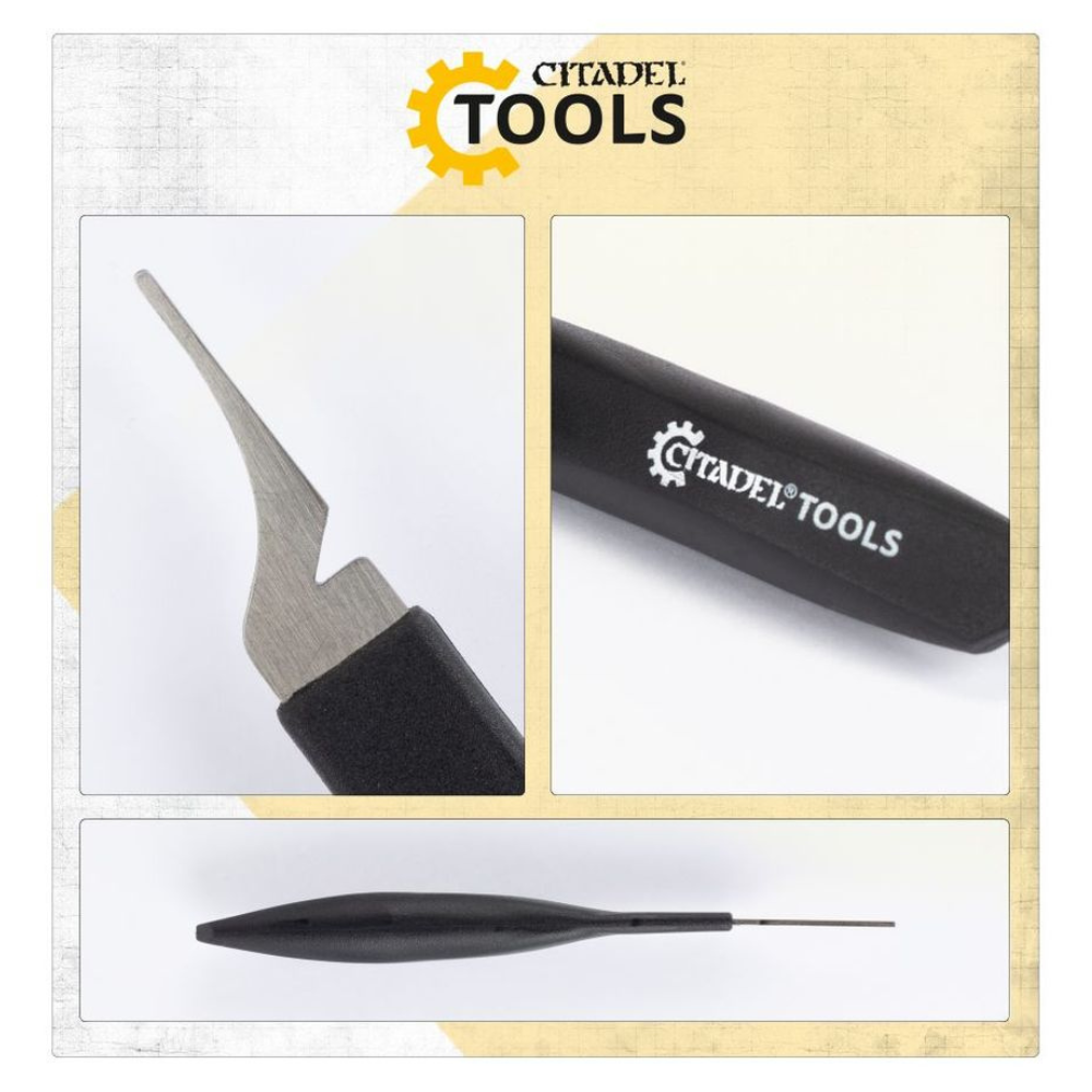 Detailansichten des Citadel Tools Gussgratenentferners (66-65) mit Klinge, Griff und schlanker Bauform für Miniaturen.
