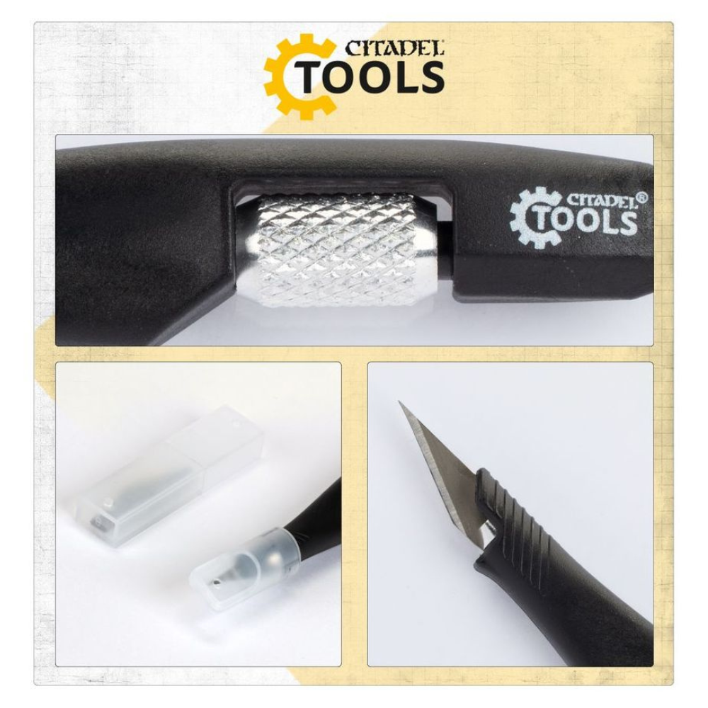 Detailansichten des Citadel Tools Messers (66-61) mit Klinge, Griffstruktur und Schutzkappe für präzises Arbeiten.