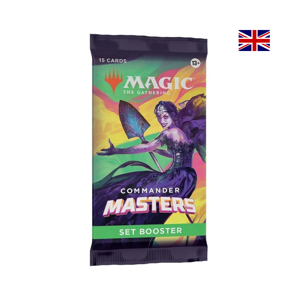 Magic: The Gathering Commander Masters Set Booster mit farbenfrohem Artwork einer lila gekleideten Figur auf der Verpackung. Englisches MTG Boosterpack, ideal zum Erweitern von Commander-Decks und Sammelkarten.