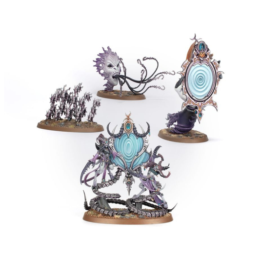 Warhammer Age of Sigmar Die Verfluchte Reflexion (83-112) mit vier bemalten Hedonites-of-Slaanesh-Miniaturen.