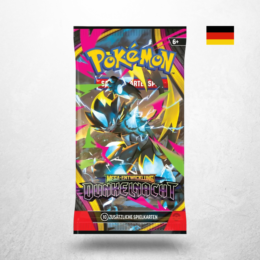 Pokémon Dunkelnacht Booster der Erweiterung Mega-Entwicklung in deutscher Sprache mit Lucario auf dem Booster-Artwork.