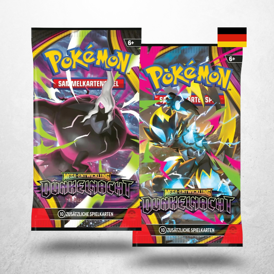 Pokémon Dunkelnacht Booster Display mit zwei deutschen Boosterpacks der Erweiterung Mega-Entwicklung und unterschiedlichen Pack-Artworks.