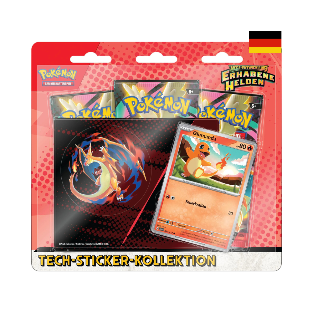Pokémon Erhabene Helden Tech-Sticker Kollektion Glumander mit holografischer Promokarte, Tech-Stickerbogen und drei Boostern, deutsch