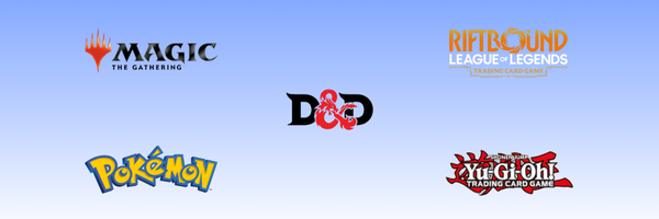 Logos von Pokemon, Magic the Gathering, Yu-Gi-Oh, Riftbound und Dungeons & Dragons Sammelkarten.