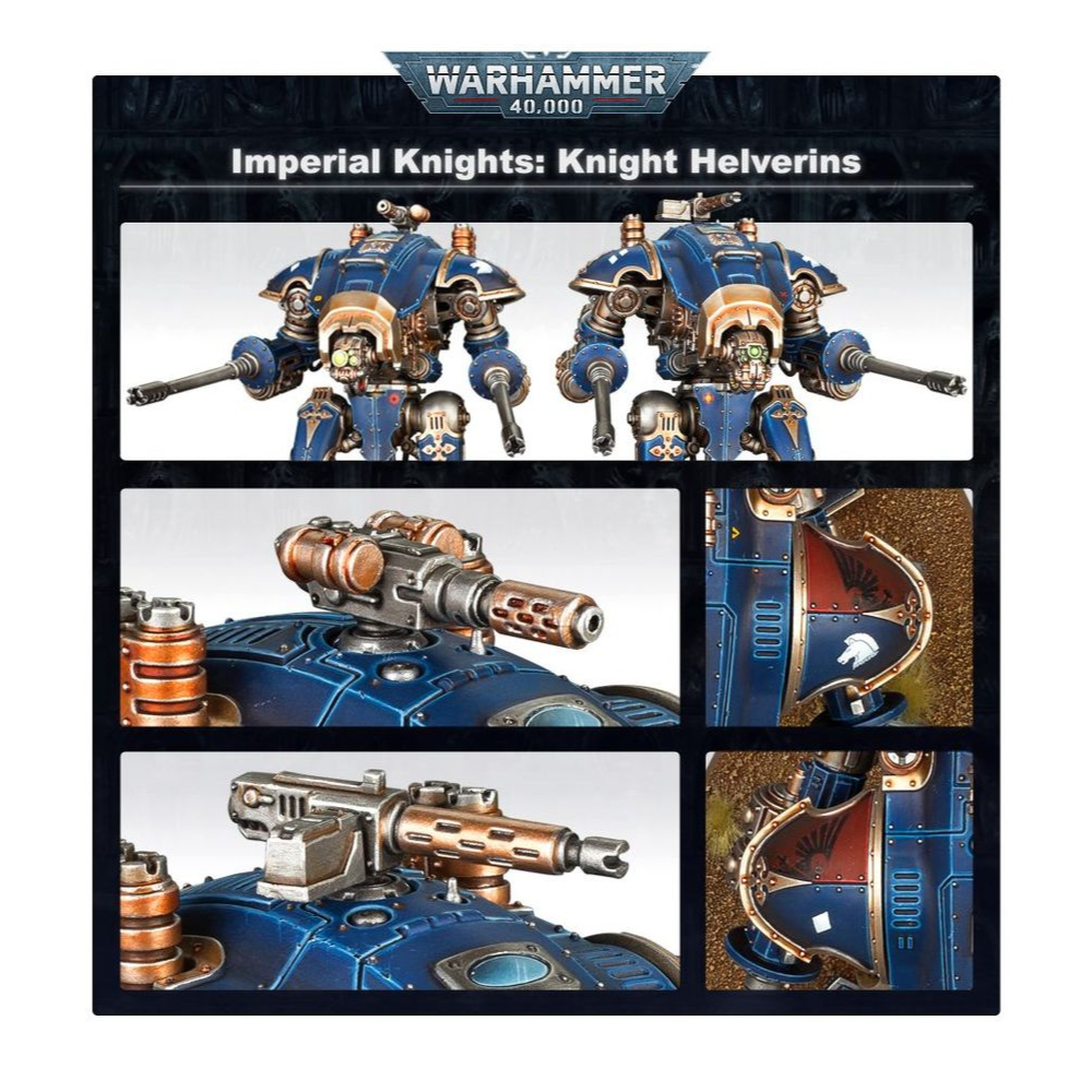 Warhammer 40.000 Imperial Knights: Knappen (54-20) mit Detailansichten von Rüstung, Kopf und Bewaffnung.