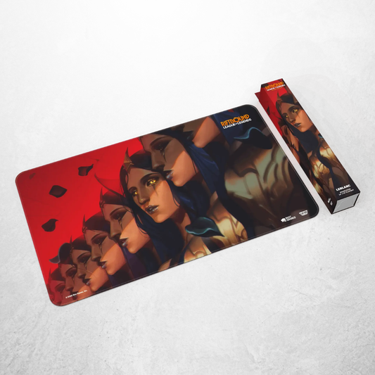 Riftbound Unleashed Playmat „LeBlanc, Deceiver“ mit Verpackung und Spielmatte im offiziellen League of Legends Design.