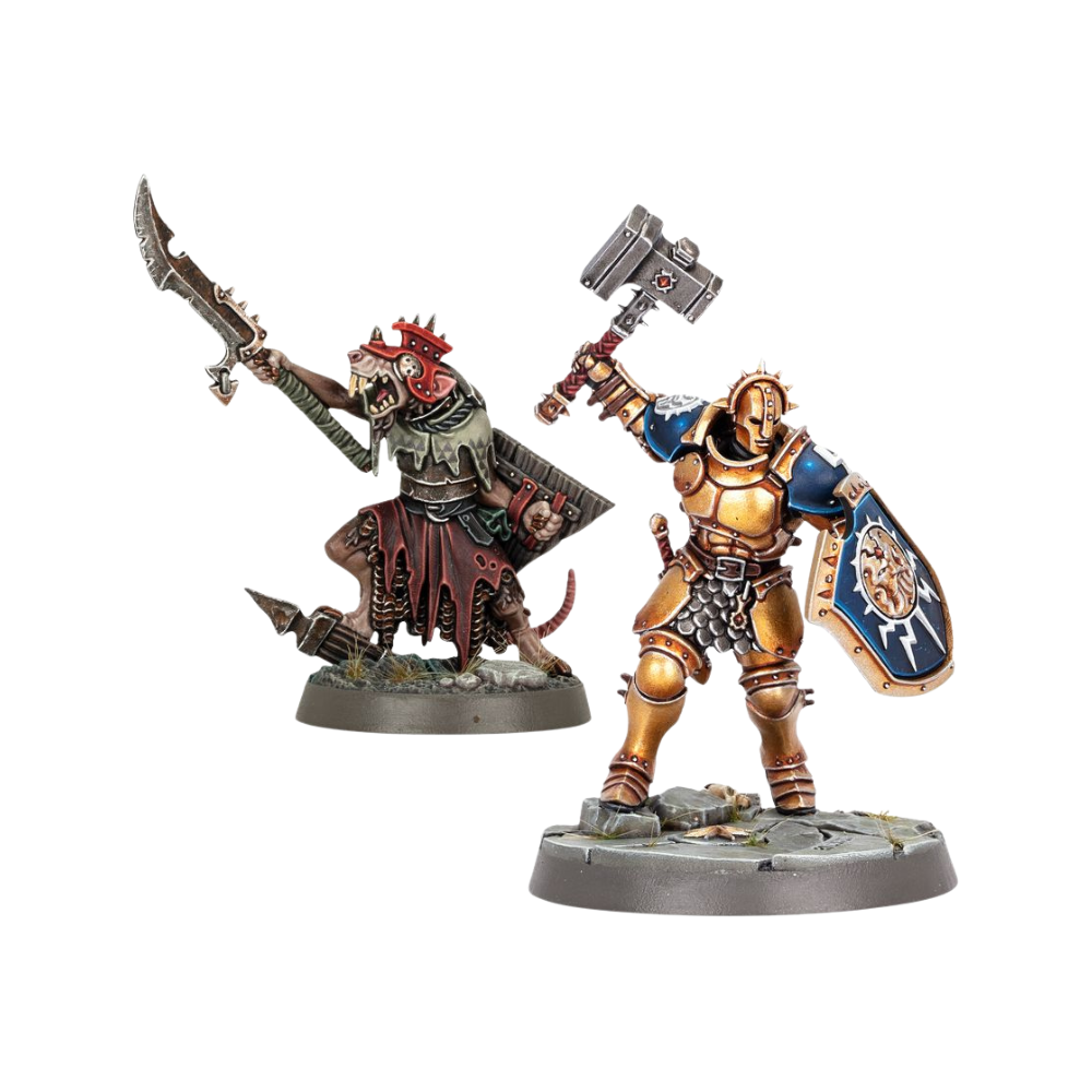 Warhammer Age of Sigmar Stormcast Eternal und Skaven Miniaturen bemalt, Einsteiger Set Figuren Nahaufnahme