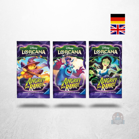 Drei Booster-Motive des Disney Lorcana Angriff der Ranke Booster Displays (24) in deutscher und englischer Sprache.