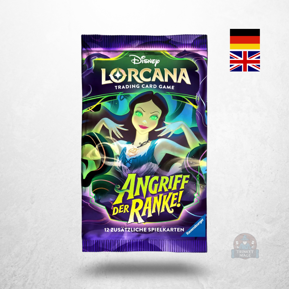 Disney Lorcana Angriff der Ranke Booster mit der bösen Königin als Motiv in deutscher und englischer Sprache.