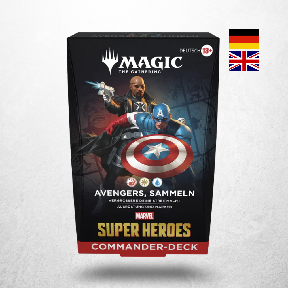 Magic: The Gathering Marvel Super Heroes Commander Deck Avengers, sammeln mit Captain America und Nick Fury auf deutscher Verpackung