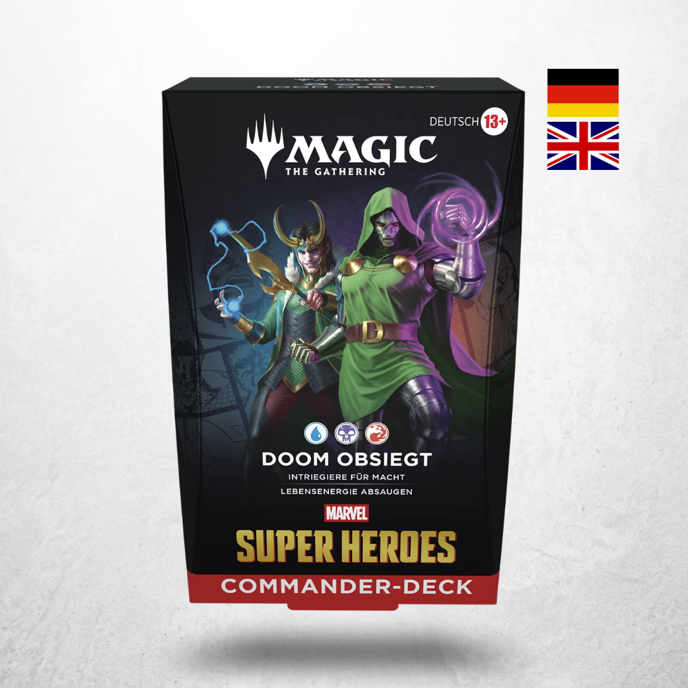 Magic: The Gathering Marvel Super Heroes Commander Deck Doom obsiegt mit Doctor Doom und Loki auf deutscher Verpackung
