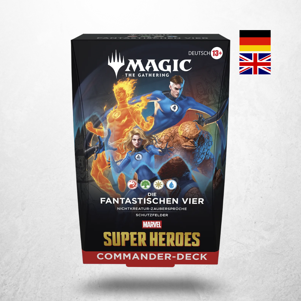 Magic: The Gathering Marvel Super Heroes Commander Deck Die fantastischen Vier mit Mister Fantastic, Unsichtbare Frau, Fackel und Das Ding auf deutscher Verpackung