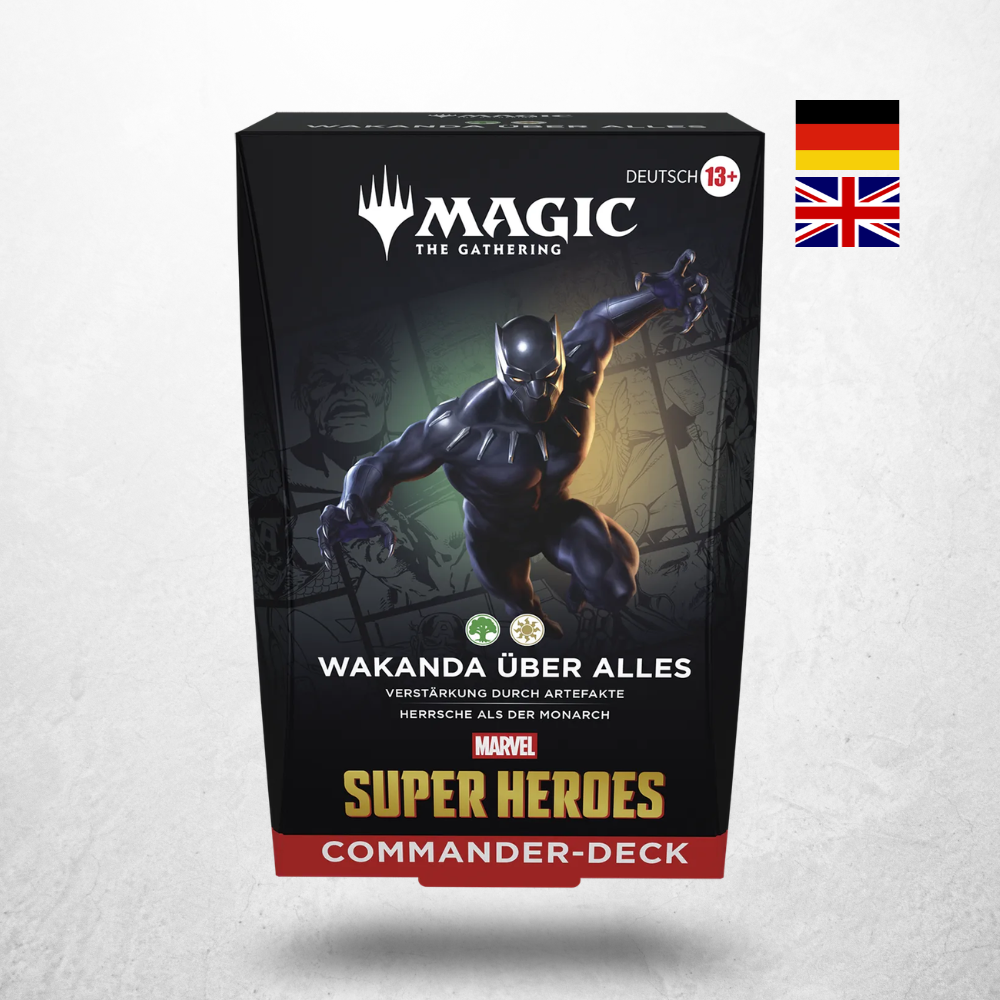 Magic: The Gathering Marvel Super Heroes Commander Deck Wakanda über alles mit Black Panther auf deutscher Verpackung