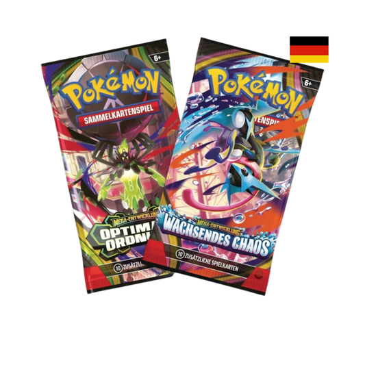 Zwei Pokémon Boosterpacks auf Deutsch aus den Erweiterungen Optimale Ordnung und Wachsendes Chaos des Pokémon TCG