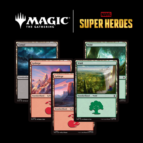 Magic Set Marvel Super Heroes Classic Basic Land Set mit fünf Standardlandkarten der Typen Gebirge, Wald und Sumpf.