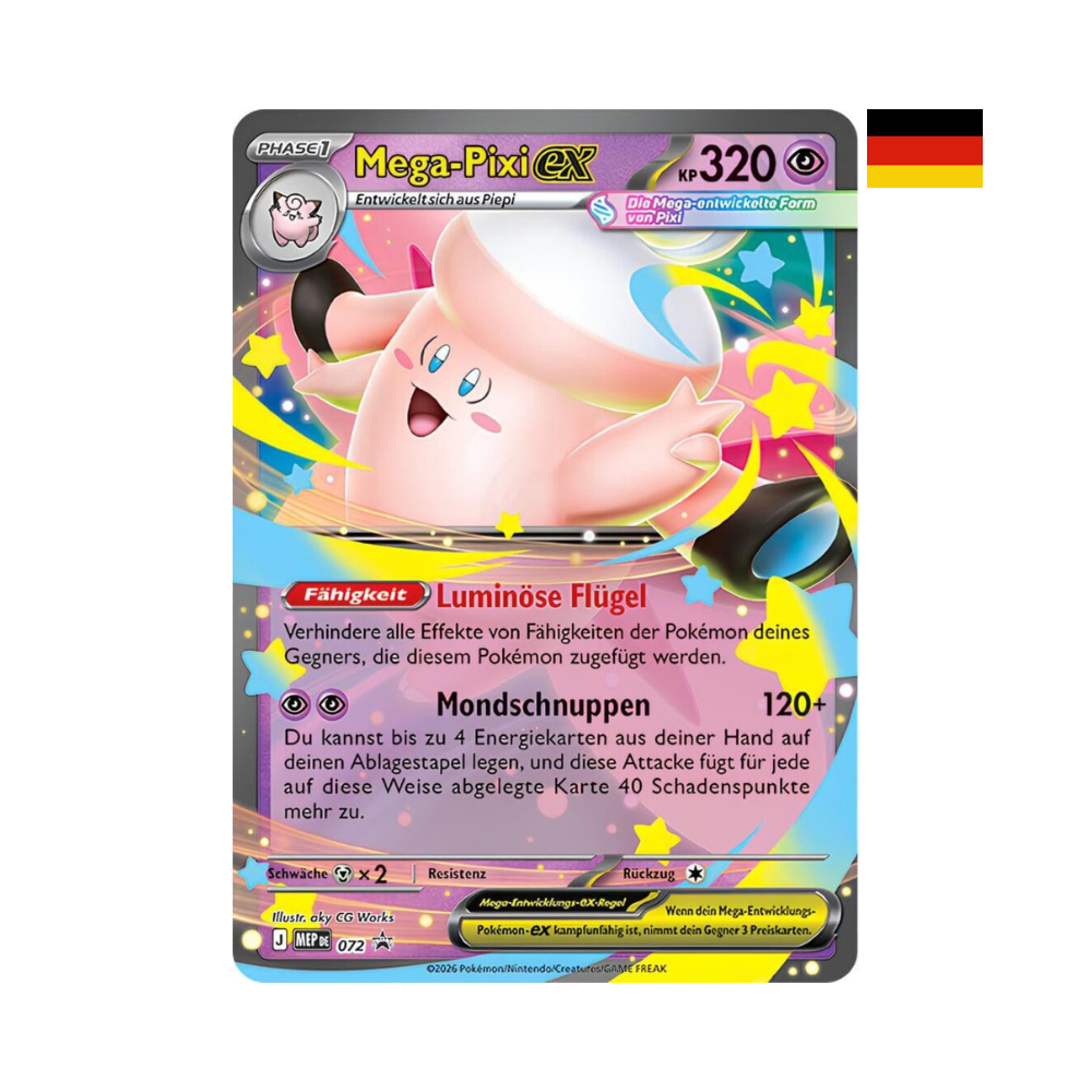Pokémon Mega Mondschein Promokarte Mega-Pixi-ex auf Deutsch mit holografischem Kartenmotiv aus dem Pokémon TCG