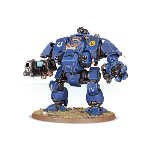 Warhammer 40k Space Marines Primaris Redemptor Dreadnought Miniatur mit Gatlingkanone und Raketenwerfer in blauer Servorüstung