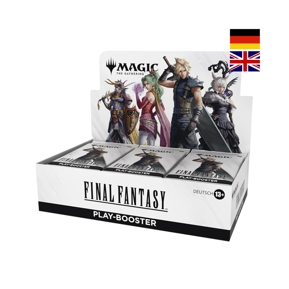 Magic: The Gathering Final Fantasy Play Booster Display mit deutschen und englischen Boosterpacks und Cloud Strife Artwork