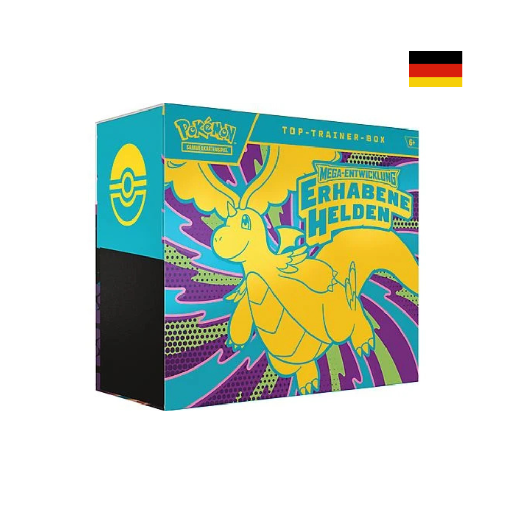 Pokémon Top-Trainer-Box Mega-Entwicklung – Erhabene Helden mit Dragoran-Motiv, deutsche Version des Pokémon Sammelkartenspiels