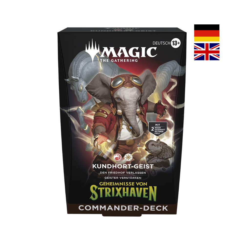 Magic The Gathering Commander Deck Kundhort Geist Geheimnisse von Strixhaven Deutsch oder Englisch mit Elefant Charakter Artwork und vorgefertigtem Deck