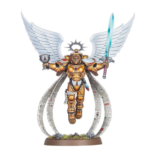 Warhammer 40.000 Blood Angels Der Sanguinor als bemalte Miniatur mit goldener Rüstung, Schwert und Flügeln