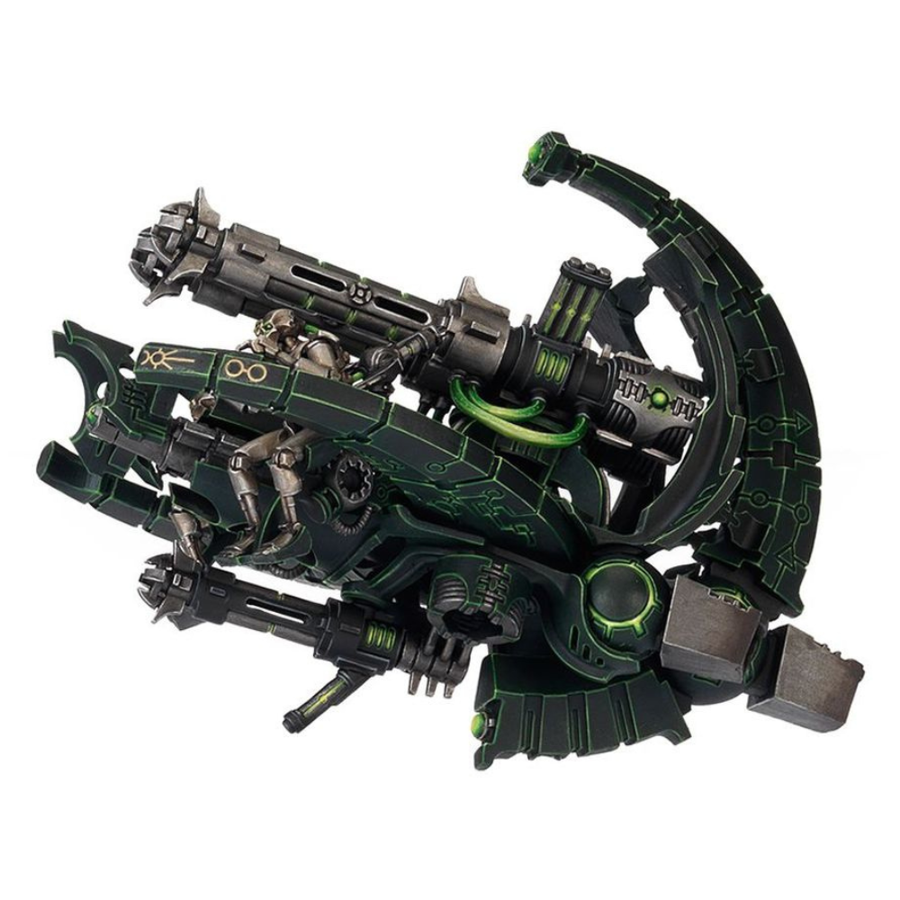 Warhammer 40.000 Necrons Kommandogleiter Rückansicht der Catacomb Command Barge mit Energiewaffen und Gravplattform