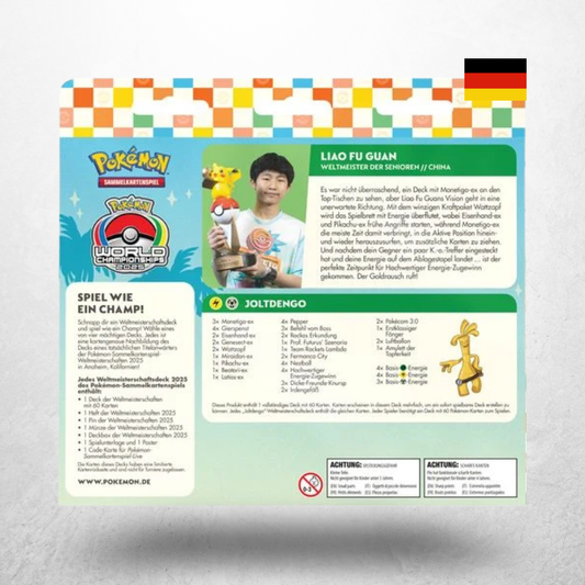 Pokémon WCD 2025 Weltmeisterschaftsdeck mit Sammelkarten, Zubehör und Anaheim 2025 Pokémon World Championships Design in deutscher Sprache.