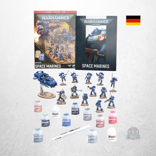 Warhammer 40.000 Dein Einstieg Space Marines Deutsch mit Miniaturen, Farben, Pinsel, Begleitheft und Produktverpackung.