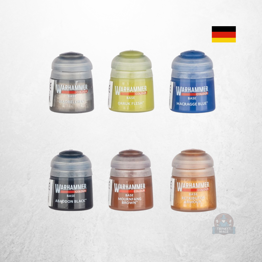 Sechs Citadel-Farben aus dem Warhammer 40.000 Einsteigerset (40-04) für das Bemalen der Miniaturen.
