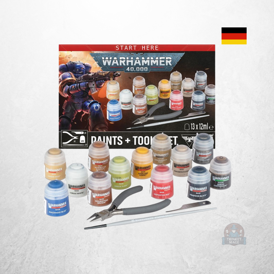 Warhammer 40.000 Farben + Werkzeuge Set mit Verpackung, 13 Citadel-Farben, Starterpinsel und Seitenschneider.
