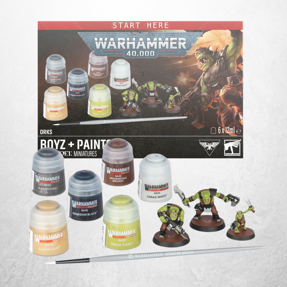 Warhammer 40.000 Orks – Boyz + Farbe (60-05) Starterset mit Farben, Pinsel und drei Ork-Miniaturen in Produktdarstellung.