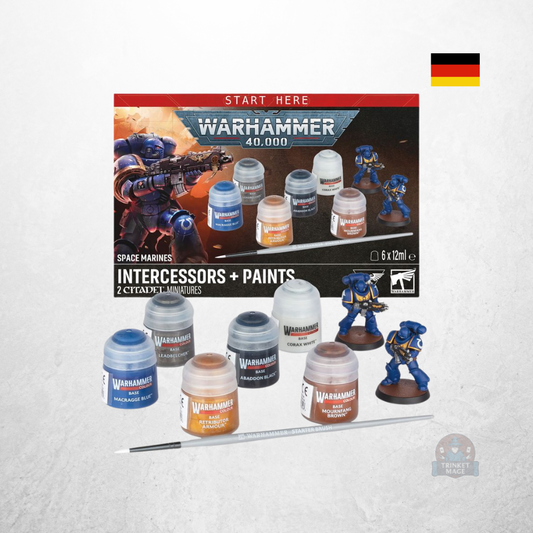 Warhammer 40.000 Starterset Space Marines mit Verpackung, zwei Miniaturen, sechs Citadel-Farben und Starterpinsel.