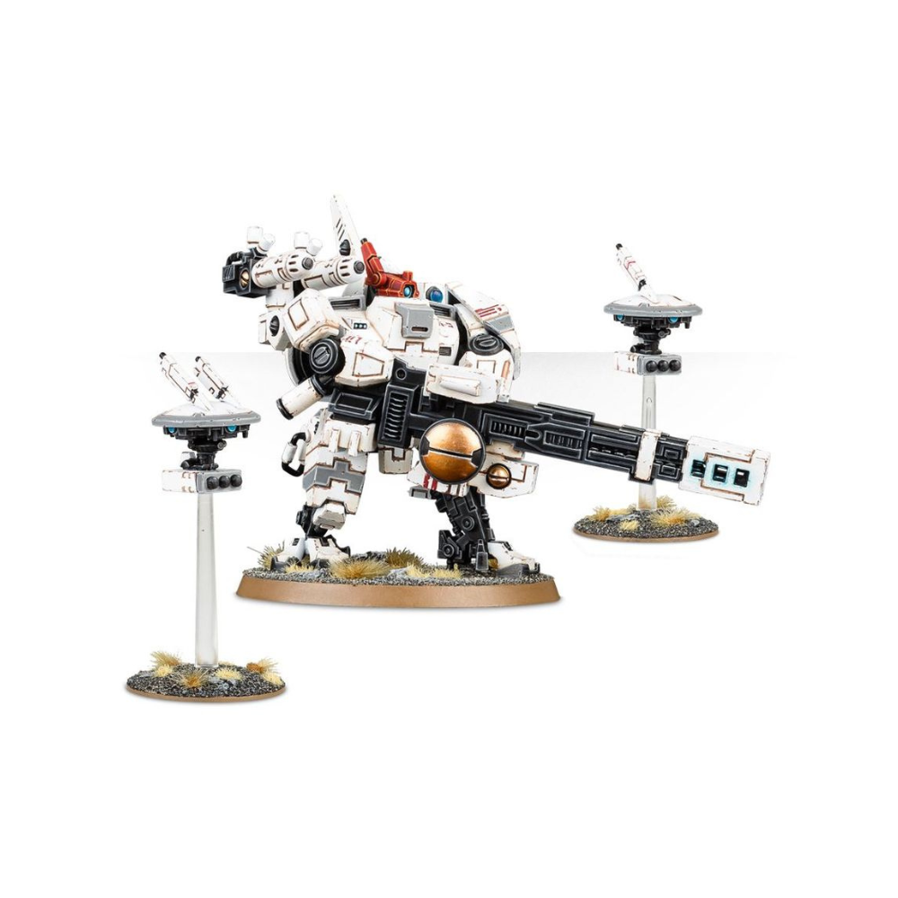 Warhammer 40k T’au Empire Broadside Battlesuit Miniatur mit schweren Waffen und zwei Drohnen, bemaltes Modell Vorderansicht