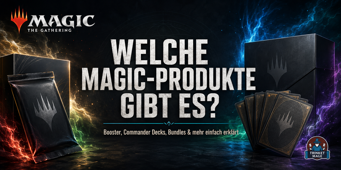 Übersicht über Magic: The Gathering-Produkte mit Boosterpack, Spielkarten und Produktboxen sowie dem Titel „Welche Magic-Produkte gibt es?“