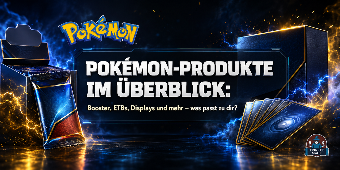 Übersicht über Pokémon-Sammelkartenprodukte mit Boosterpack, Display, Elite Trainer Box und Spielkarten.