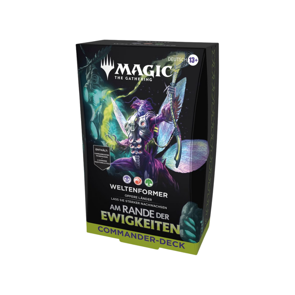 Magic: The Gathering Commander-Deck „Weltenformer – Am Rande der Ewigkeiten“ auf Deutsch. Fertiges EDH-Deck mit Fokus auf Länderopferung und Wachstum, perfekt für Einsteiger und Sammler des beliebten MTG-Formats Commander.